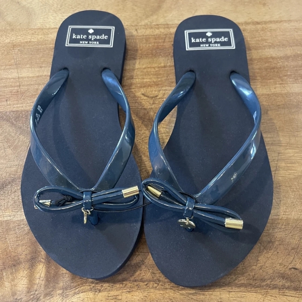 Kate Spade New FOXY Flip Flop Thong Sandals Size 11 Navy Blue Bow